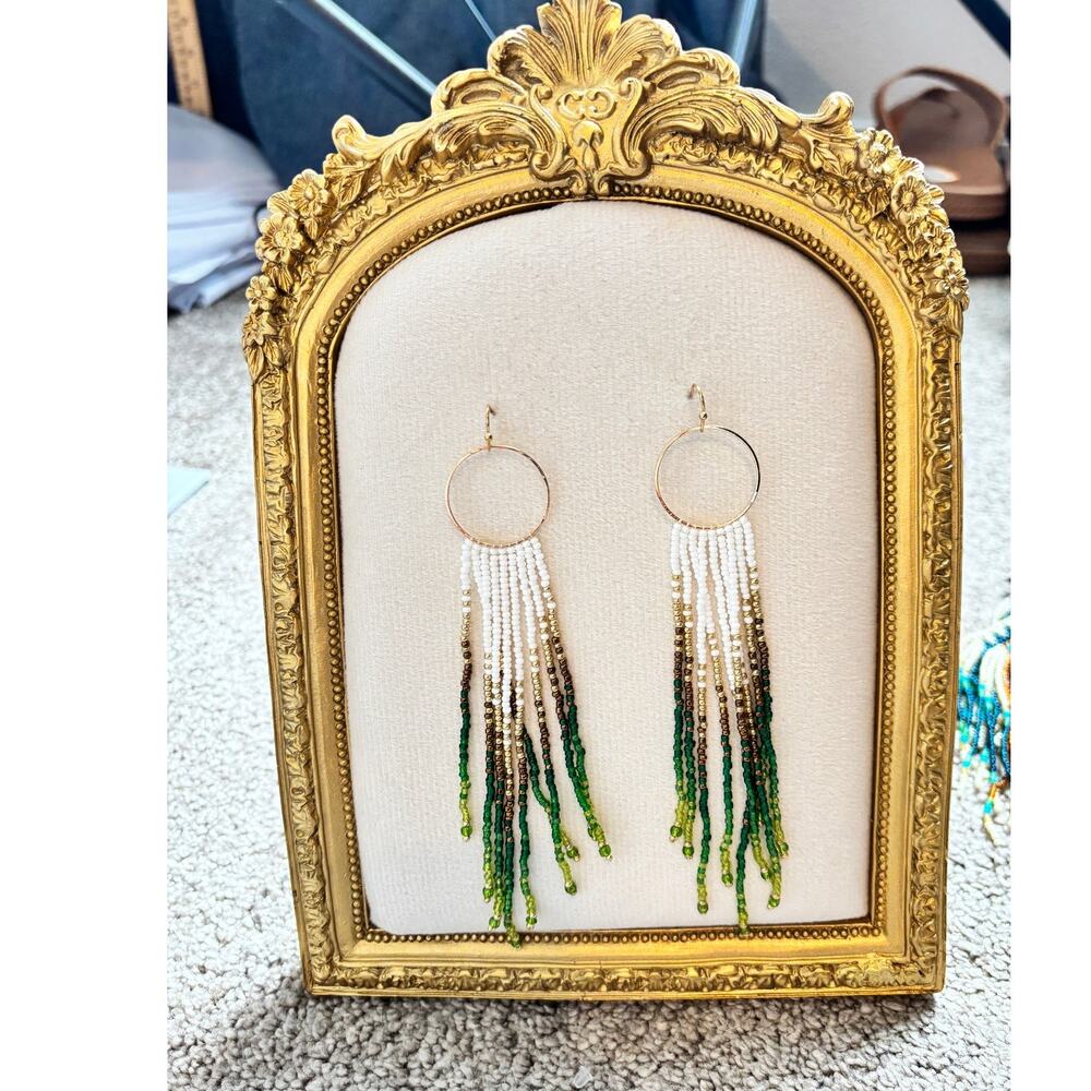 Boho Beaded Fringe Hoop Earrings GREEN White Gold Dangle NWOT